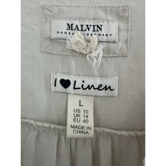 Malvin I love Linen Germany Womens Blouse L Tan‎ 100% Linen Crochet Boho Peasant - Picture 4 of 13